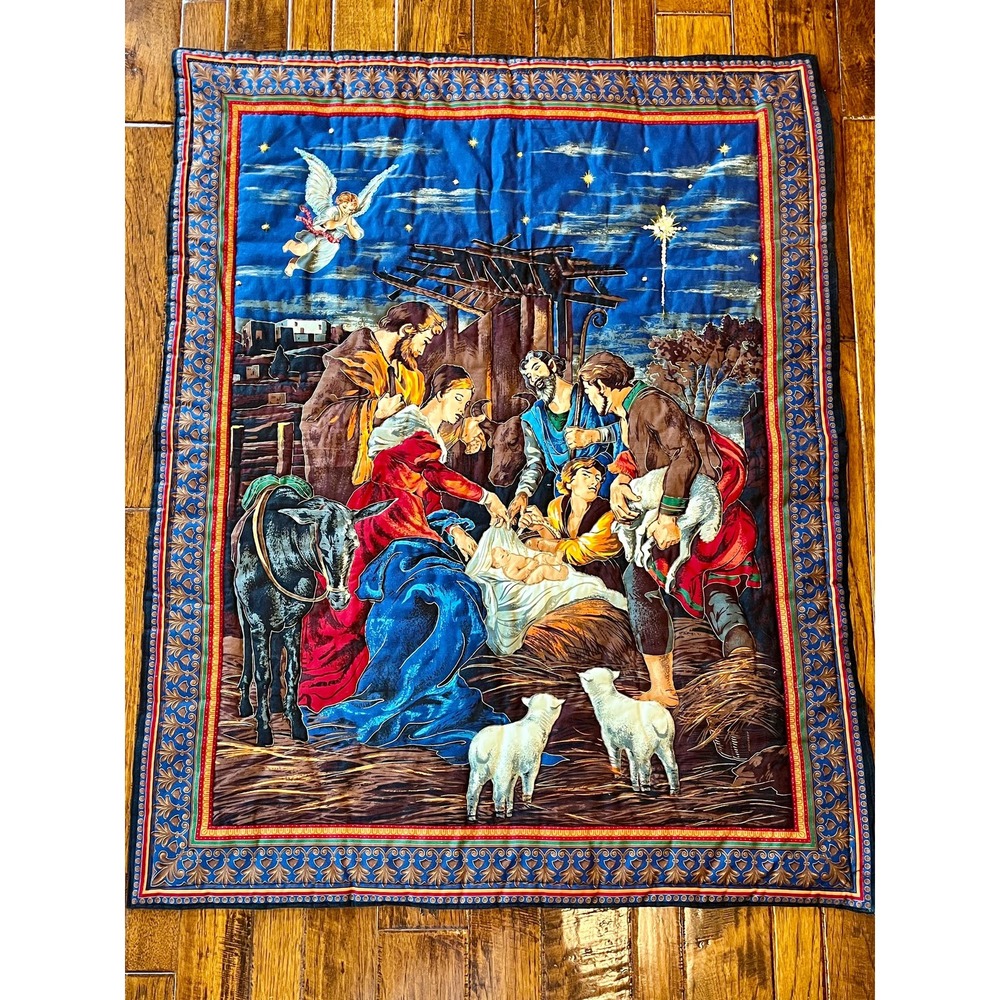 Vintage 2004 Nativity Quilt Wall Hanging Hand Quilted Beaded Christmas Decor